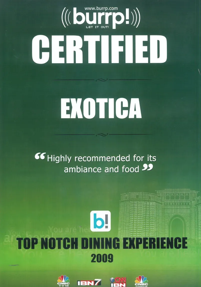 burrp! Certified – Top Notch Dining Experience 2009 – burrp!, awarded to Exotica Pune