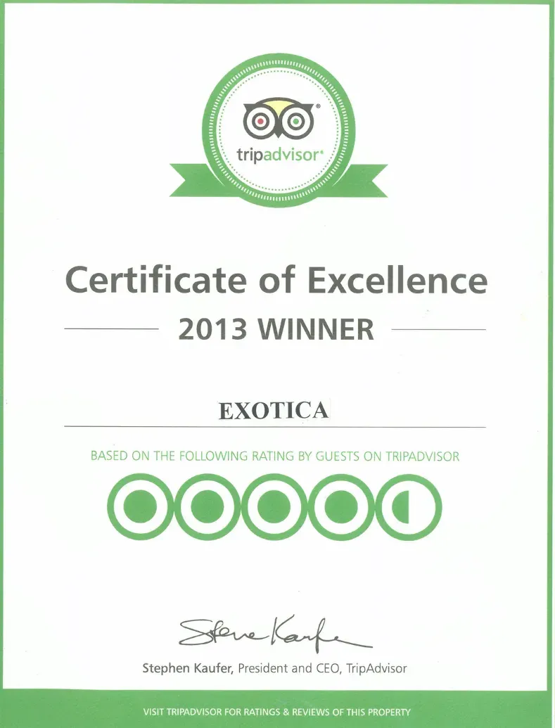 Certificate of Excellence 2013 – TripAdvisor, awarded to Exotica Pune