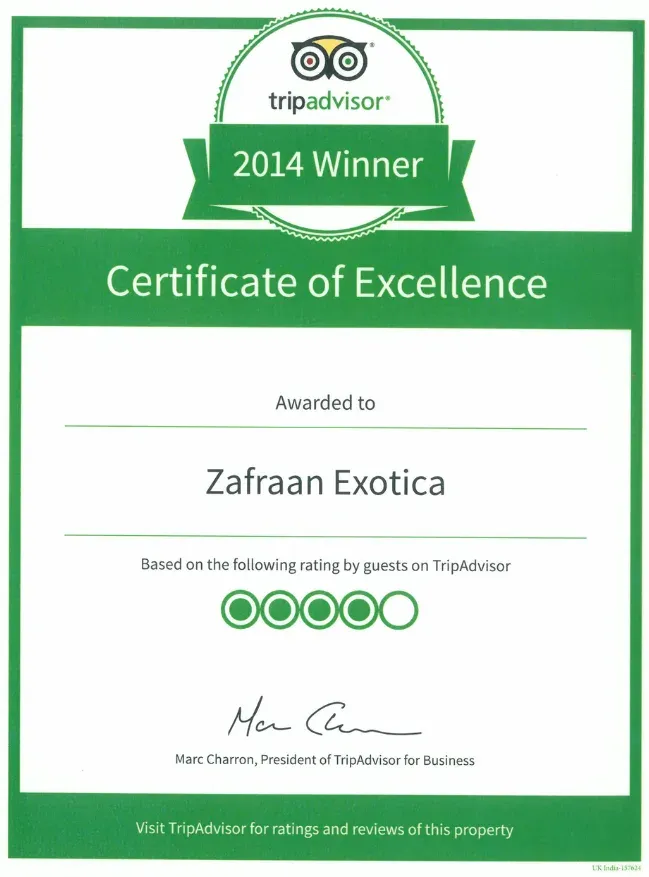 Certificate of Excellence 2014 – TripAdvisor, awarded to Exotica Pune