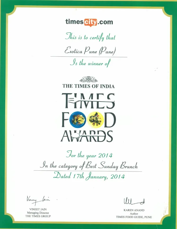 Best Sunday Brunch 2014 – The Times of India – Times Food Awards, awarded to Exotica Pune