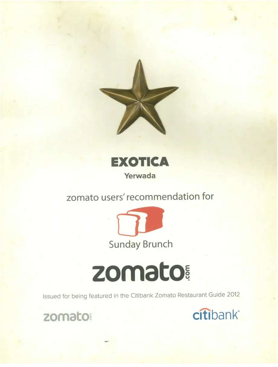 Users' Recommendation – Sunday Brunch 2012 – Citibank Zomato Restaurant Guide, awarded to Exotica Pune