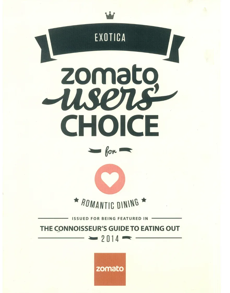 Zomato Users' Choice – Romantic Dining 2014 – Zomato – The Connoisseur's Guide to Eating Out, awarded to Exotica Pune