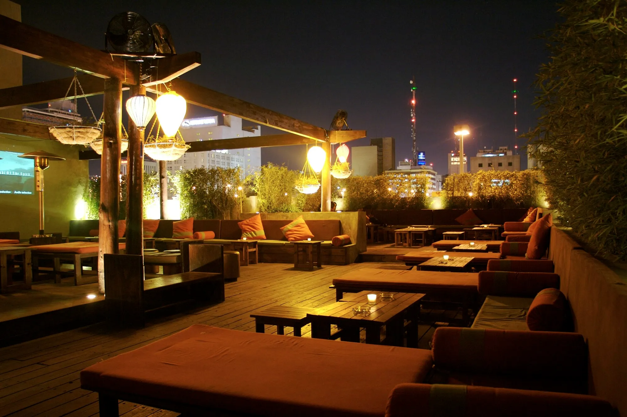 Rooftop tables at night